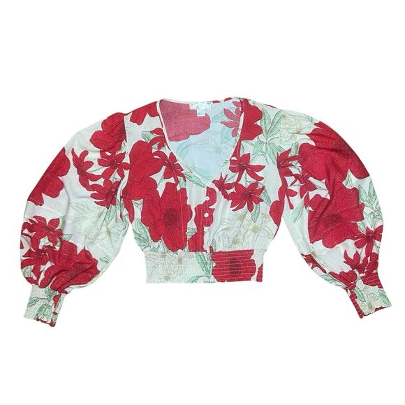 BOG Collective Blouse Crop Top Women S Red Cream Floral Shimmer Balloon Sleeve - Picture 5 of 10